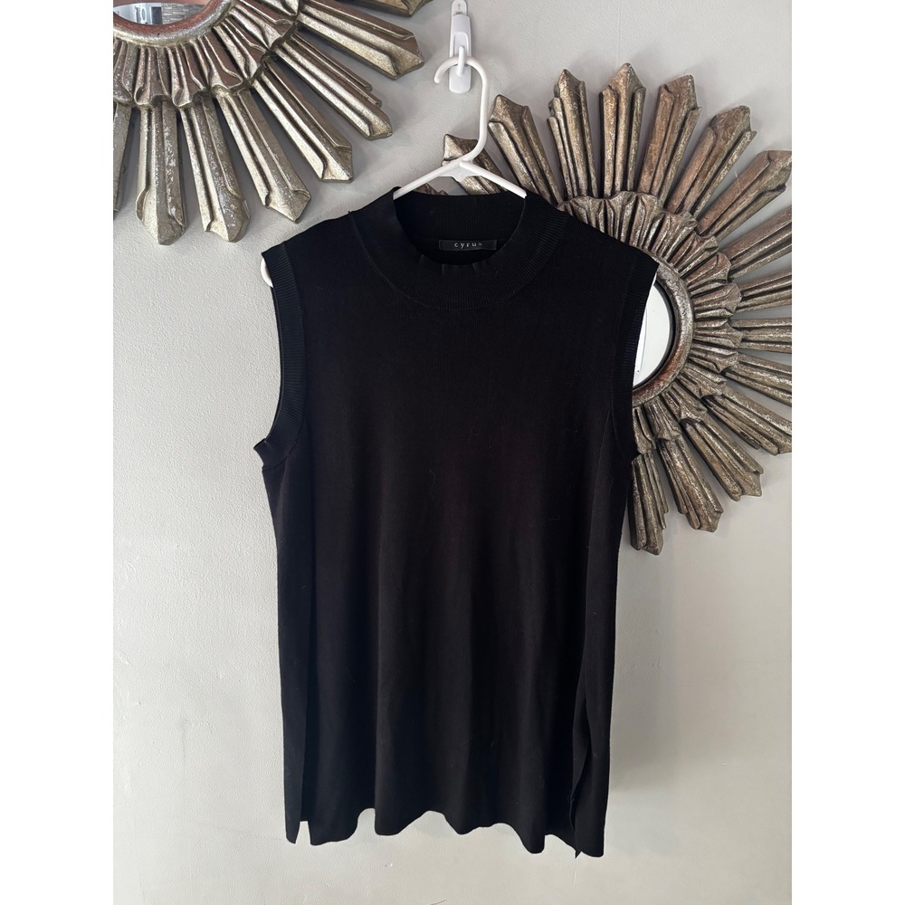 Cyrus Women Black Ribbed Mock Neck Sleeveless Knit‎ Sweater Vest Side Slit Small